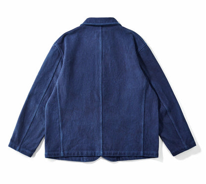 Heavy Weight Indigo Jacket Men Autumn Winter Vintage Workwear Tooling Jacket Blue Dyed Kendo Fabric Multi-pocket Cardgian Coat