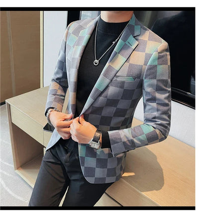 Brand Luxury Plaid Suit Jacket for Men 2023 Autumn Casual Blazer Masculino Fashion Slim Business Wedding Groom Social Dress Coat