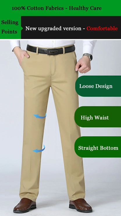 100% Cotton Spring Summer Middle-aged Cargo Trousers Men's Straight Slacks High Waists Thin Thick Breathable Male Suit Pants