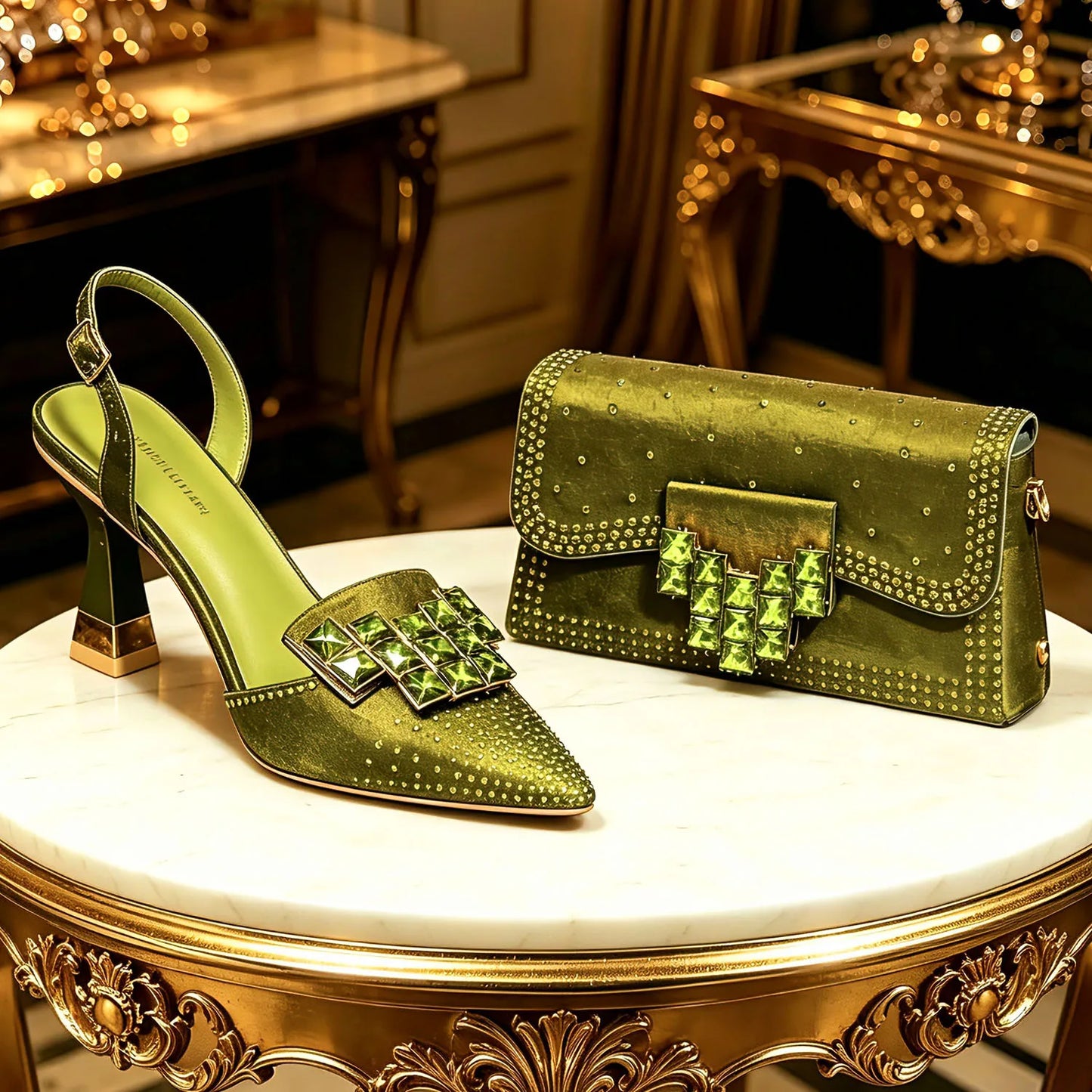 Elegant Green Rhinestone Slingback Heels & Matching Handbag Set by Venus Chan 2026 – Stylish Pointed Toe Design for Women