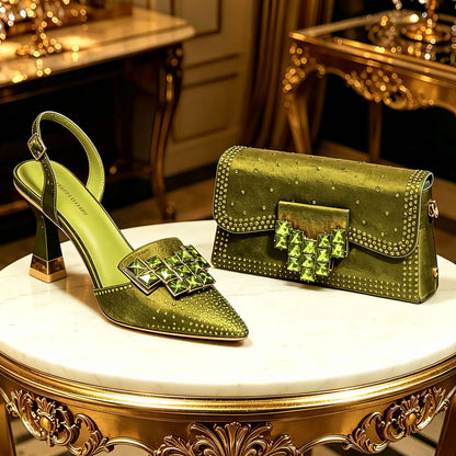 Elegant Green Rhinestone Slingback Heels & Matching Handbag Set by Venus Chan 2026 – Stylish Pointed Toe Design for Women