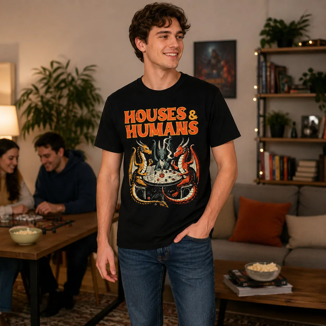 Men's fun "Dungeons and Dragons" inspired T-shirt Houses and humans spoof game player tops with dragons and wizards