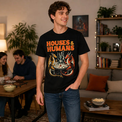 Men's fun "Dungeons and Dragons" inspired T-shirt Houses and humans spoof game player tops with dragons and wizards