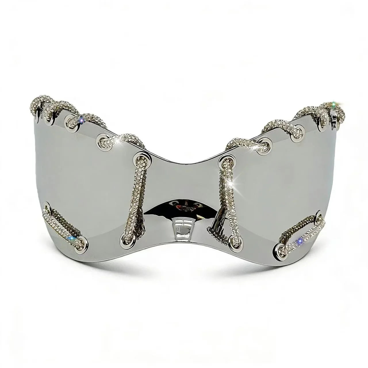 Women's Exaggerated Oversized One-Piece Rhinestone Chain Sunglasses Y2K Retro Futuristic Fashion Silver Goggles Shades for Party