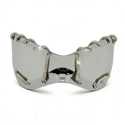 Women's Exaggerated Oversized One-Piece Rhinestone Chain Sunglasses Y2K Retro Futuristic Fashion Silver Goggles Shades for Party