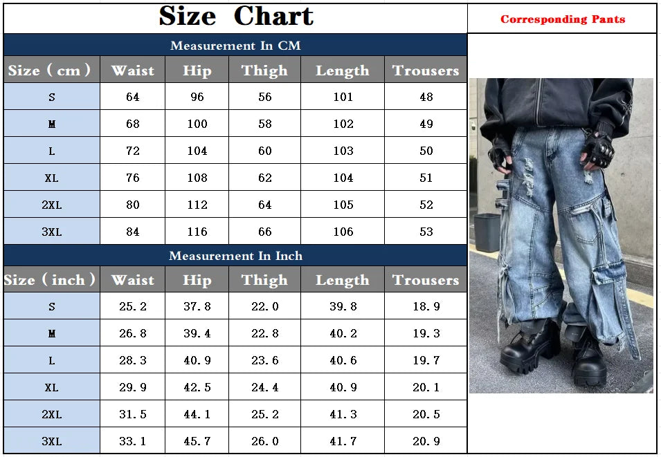 2025 Cyber Y2K Streetwear Washed Blue Baggy Ripped Cargo Jeans Pants For Men Clothing Wide Leg Vintage Loose Punk Denim Trousers