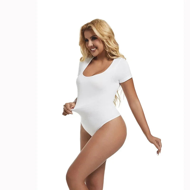 Bodysuits Sexy Ribbed One Piece Square Neck Short Sleeve Bodysuits Tummy Control Open Crotch Bodysuit Shapewear Suit