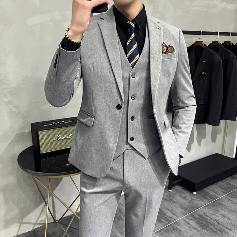 S-7XL Jacket Vest Pants Luxury Elasticity Boutique Fashion Men's Solid Color Casual Business Suit 3-piece Sets Groom Wedding