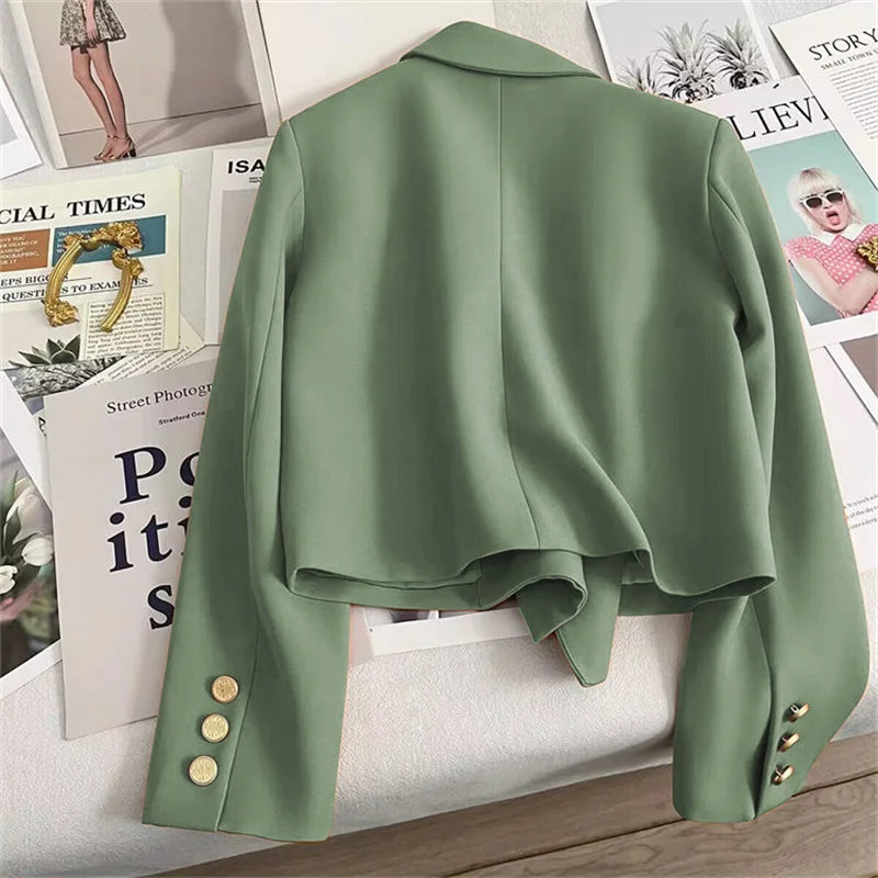 High-Quality Double Breasted Crop Blazer Women Korean Solid Long Sleeve Suit Coat Office Ladies Elegant Short Jacket Female Coat