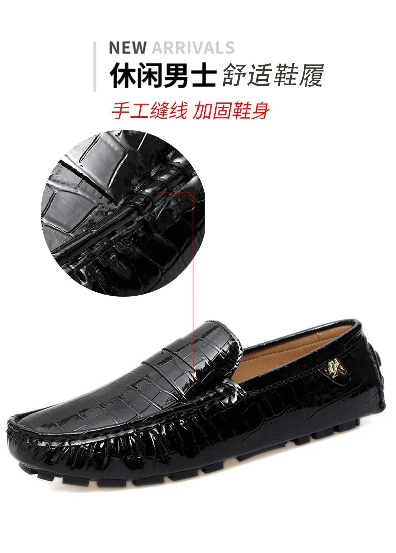 Patent Leather Loafers for Men, Crocodile Pattern, Korean Style, Trendy, Popular Casual Leather Shoes, Slip-On Loafers, Lazy Shoes