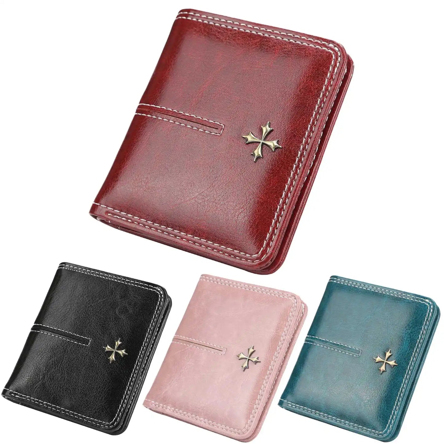 Portefeuille court en PU ciré huilé pour femmes, porte-monnaie multi-cartes avec fermeture éclair, sac tout-en-un