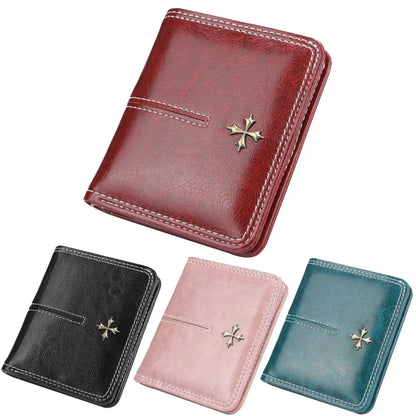 Portefeuille court en PU ciré huilé pour femmes, porte-monnaie multi-cartes avec fermeture éclair, sac tout-en-un