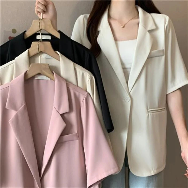 2026 Female Short Sleeved Suit Coat Women Summer Loose Fitting Solid Color Blazer Jacket Ladies Korean Leisure Tops Outerwear
