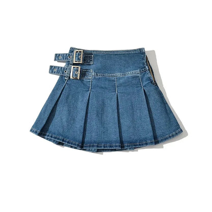2025 Summer New TARUXY Denim Y2k Skirt with Pleats and Belt 90s E-girl Korean Skirts For Women High Street Jeans Short Bottom
