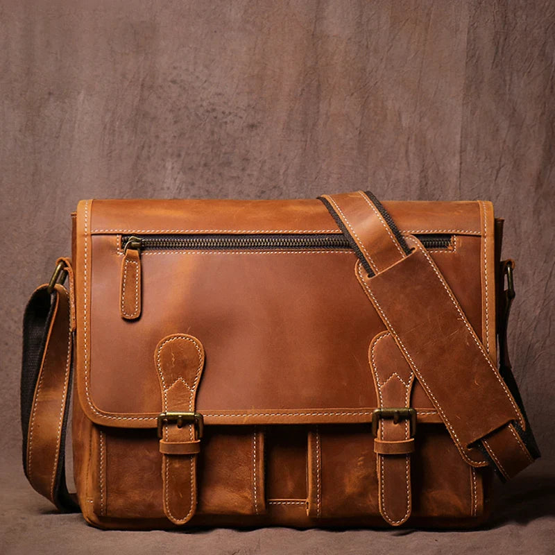 Vintage Crazy Horse Leather Messenger Bag Men's Genuine Luxury Sling Shoulder Bag Office Briefcase Crossbody 12.9 Inch Ipad