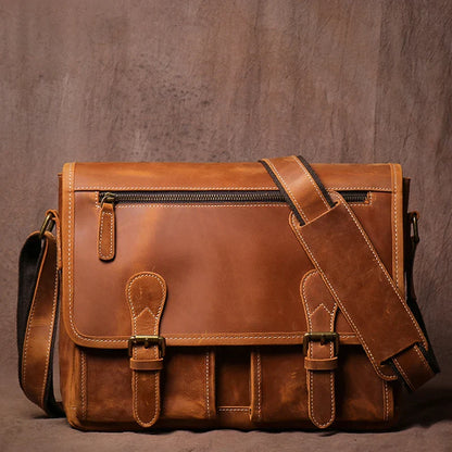Vintage Crazy Horse Leather Messenger Bag Men's Genuine Luxury Sling Shoulder Bag Office Briefcase Crossbody 12.9 Inch Ipad