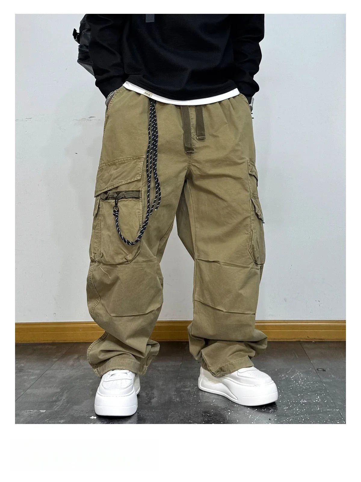 American Premium Cargo Pants Mens Pleated Baggy Multi Pocket Streetwear Oversized Straight Leg Casual Spring Fall Trendy Male