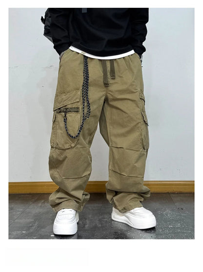 American Premium Cargo Pants Mens Pleated Baggy Multi Pocket Streetwear Oversized Straight Leg Casual Spring Fall Trendy Male
