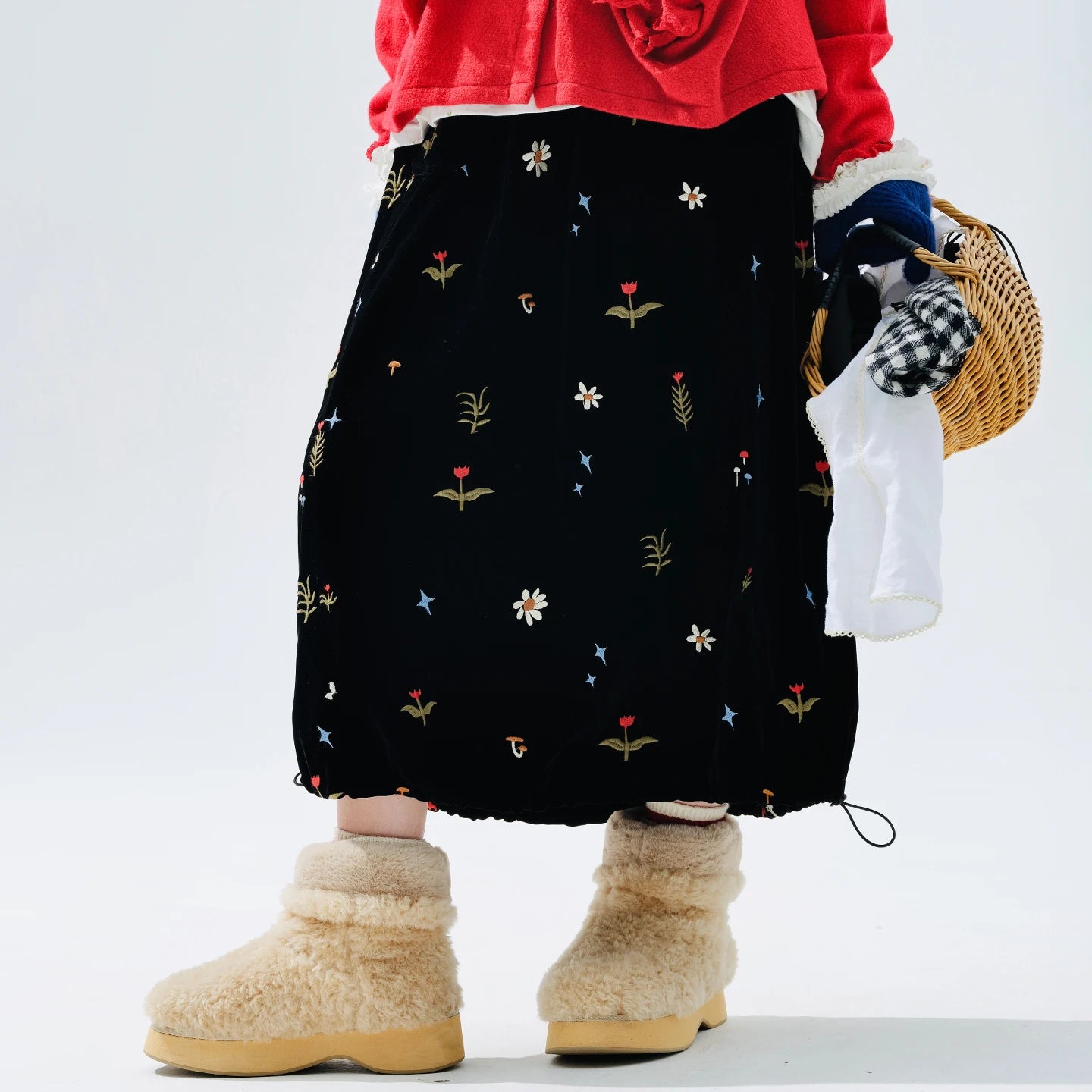 Embroidered Floral Midi Skirt, Vintage Velvet, Daily Outing, Mori - style Healing Vibe 255288