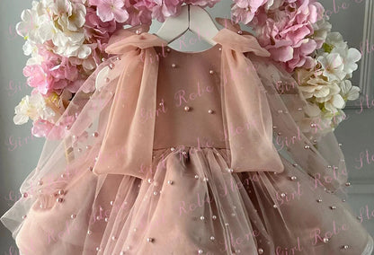 Customized Dusty Pink Flower Girl Dress Full Sleeves Tulle Pearls Puffy With Bow Toddler Birthday Party Banquet Photo Shoot Gown