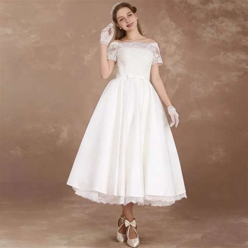 Customized Elegant Short Sleeves Midi Wedding Dresses for Women Lace Boat Neck Tea Length A-Line Bride Gowns Vestidos De Novia