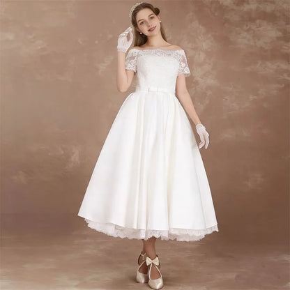 Customized Elegant Short Sleeves Midi Wedding Dresses for Women Lace Boat Neck Tea Length A-Line Bride Gowns Vestidos De Novia