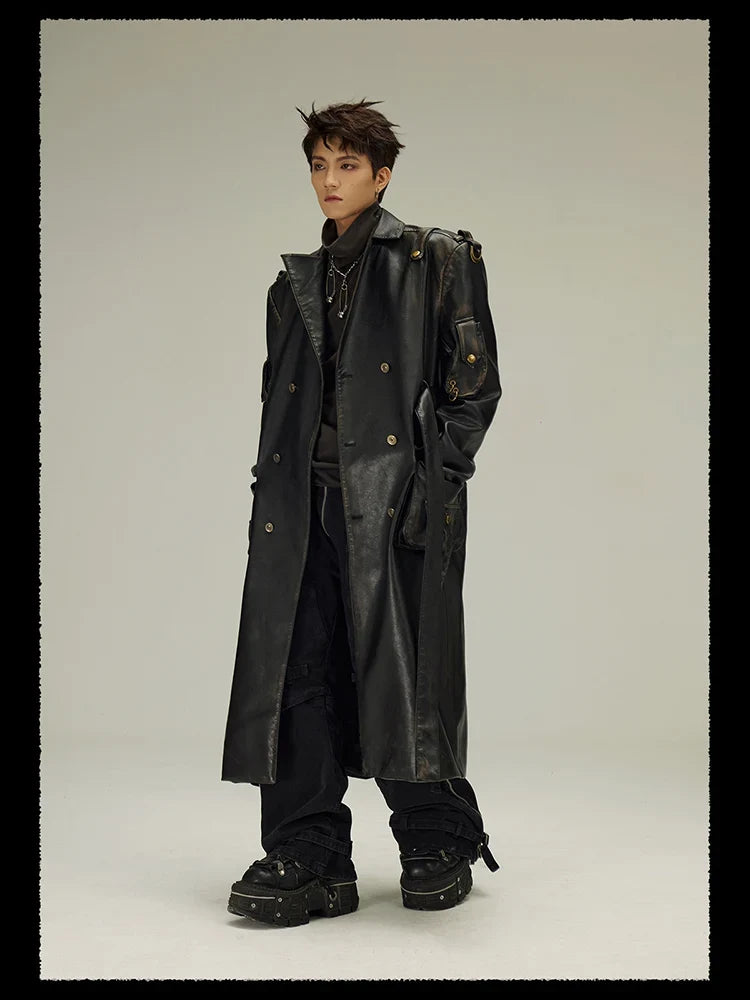 Spring Autumn Long  Distressed Black Pu Leather Trench Coat Men Belt Double Breasted Luxury European Fashion 2023