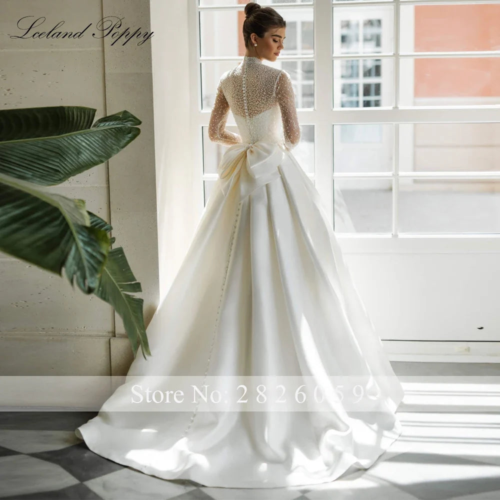 Customized A Line Satin Wedding Dresses Full Sleeves Long Sleeves Beaded Lace Bridal Gowns with Removable Jacket