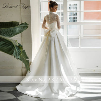 Customized A Line Satin Wedding Dresses Full Sleeves Long Sleeves Beaded Lace Bridal Gowns with Removable Jacket