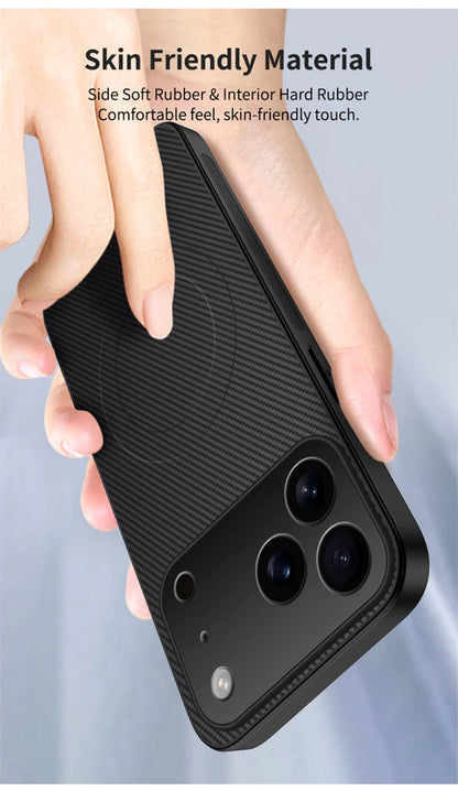 جراب جلد مغناطيسي رفيع للغاية من ألياف الكربون لهاتف iPhone 17 Air 16E 16 15 14 13 Pro Max مضاد للصدمات متوافق مع Magsafe غطاء حماية عسكري