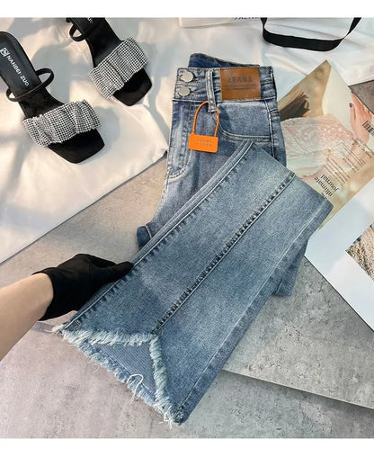 Women Autumn Y2K Slim Flared Denim Trouser Raw Edge Vintage Sexy Minimalist Pant Grunge High Waist Solid High Street Retro Jeans