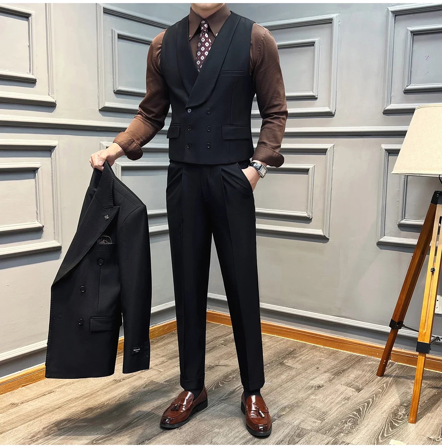 ( Vest + Pants) High-end Brand Solid Color Suit Vest 2 pieces Men Luxury Double Breasted Design Fashion Vest Set Club Clothing
