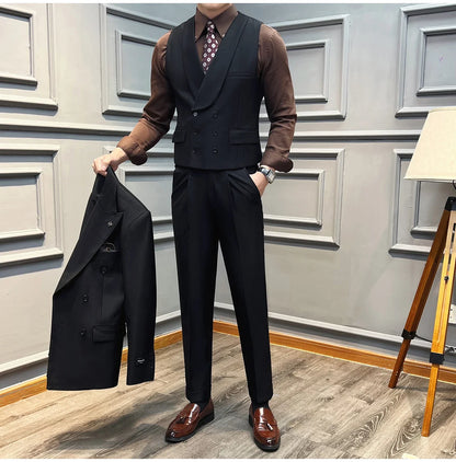 ( Vest + Pants) High-end Brand Solid Color Suit Vest 2 pieces Men Luxury Double Breasted Design Fashion Vest Set Club Clothing