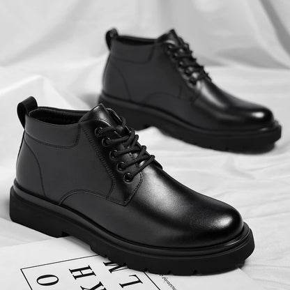 Mens Black Leather Lace Up Mid Top Boots Winter Warm Formal Business Office Wedding Shoes Black Work Boots Fashionable Dad Shoes