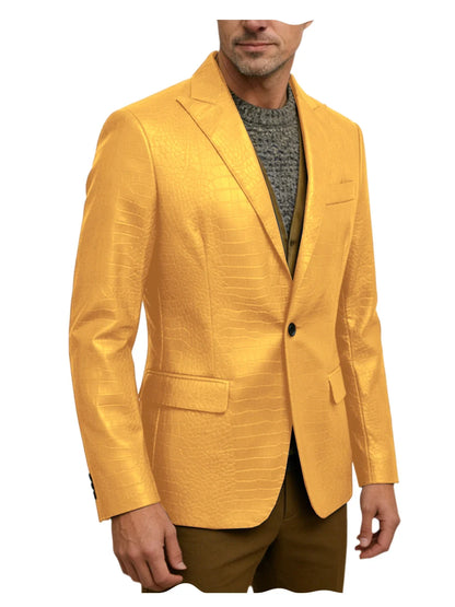 Vintage Men's Crocodile Embossed Leather Blazer Notch Lapel 1 Button Jacket Business Casual Formal Luxury Coat With Flap Pockets