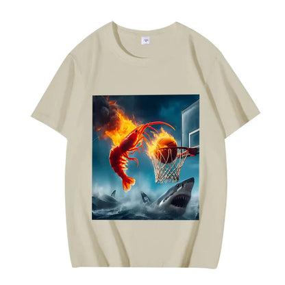 Shrimp Dunking on Shark Graphic Tee Retro Fishing Meme TShirt Women Short Sleeve Summer Tops Aesthetic Clothes Summer Streetwear