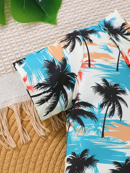 2-Piece Baby Boy Shorts Set Coconut Tree Pattern Short Sleeve And Overalls Summer Fashion Outfit for Infants