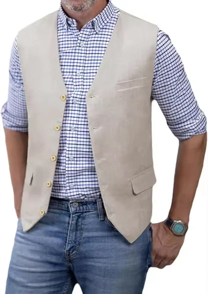 V Neck  Men's Vest Linen Suit Vest Summer Leisure Cotton Linen Waistcoat For Beach