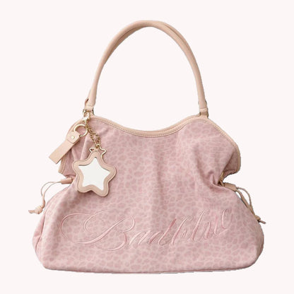 Women Leopard Print One Shoulder Armpit Bag Embroidered Letter Large Capacity Tote Bag Ladies Drawstring Versatile Underarm Bags