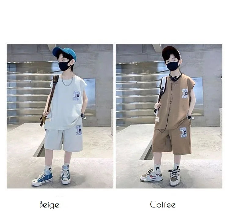 Summer Boys Loose Sleeveless Printed T-Shirt Tops+Shorts Pant School Kids 2PCS Tracksuit Child Outfit Student Workout Set 5-16Yr