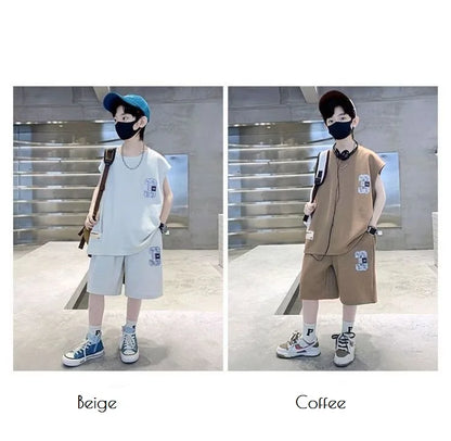 Summer Boys Loose Sleeveless Printed T-Shirt Tops+Shorts Pant School Kids 2PCS Tracksuit Child Outfit Student Workout Set 5-16Yr