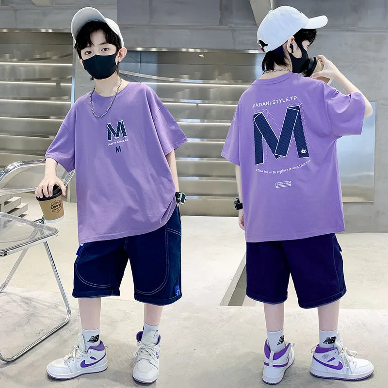 Summer Boys Cotton Leisure Loose Alphabet T-Shirt Top+Jeans Shorts Contrast Set School Kid 2PCS Tracksuit Children Outfit 5-16Yr