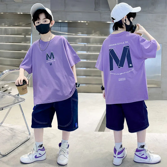 Summer Boys Cotton Leisure Loose Alphabet T-Shirt Top+Jeans Shorts Contrast Set School Kid 2PCS Tracksuit Children Outfit 5-16Yr
