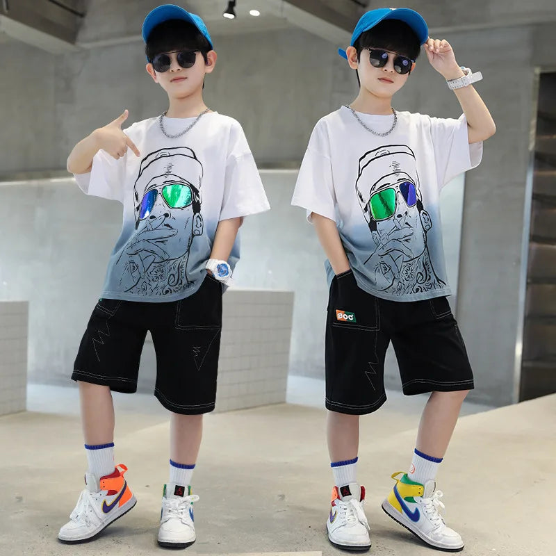 Summer Casual Boys 3D Graffiti Gradient Color T-Shirt Tops+Jean Shorts School Kid Tracksuit Child 2PCS Outfit Workout Set 5-16Yr