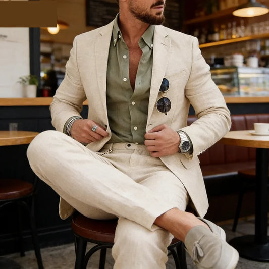 Beige Linen Suit for Men 2 Pieces Slim Fit Casual Wedding Prom Tuxedos Set Best Man Groom Summer Costume Homme New Design Suits