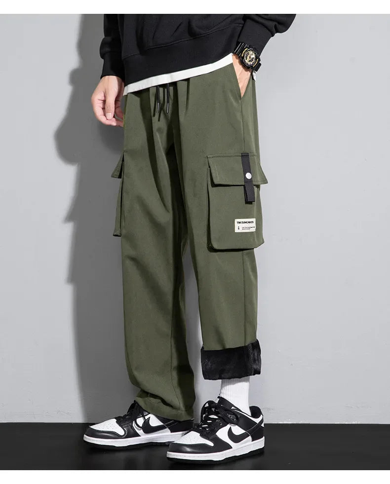 2026 Cargo Pants Men Straight Fit Wide Leg Fleece Lined Trouser Male Winter Fashion Loose Baggy Large Plus Size Warm Streetwear
