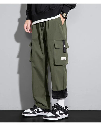 2026 Cargo Pants Men Straight Fit Wide Leg Fleece Lined Trouser Male Winter Fashion Loose Baggy Large Plus Size Warm Streetwear