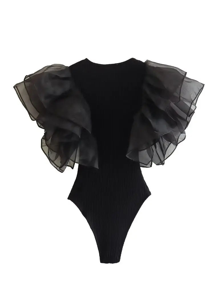 Women Fashion Black Ruffled Bodysuits Vintage O-Neck Sleeveless Female Chic Lady Tight Tops