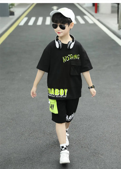 Kpop Boys Clothes Sets 2026 Summer Teen Kids Fashion Letter Print Short Sleeve T-shirt+Shorts 2Pcs Children Tracksuit Outfits