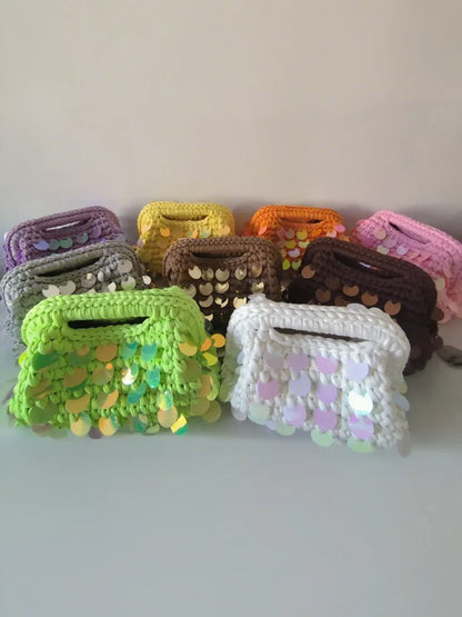 Yingzi Small Sequin Crochet Cluth Bag with Shine Paillettes Handmade Evening Bag Makeup Bag